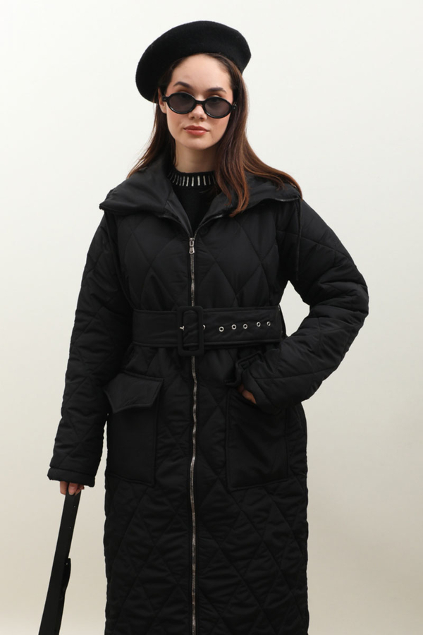 Kemerli Şişme Mont Siyah - 1