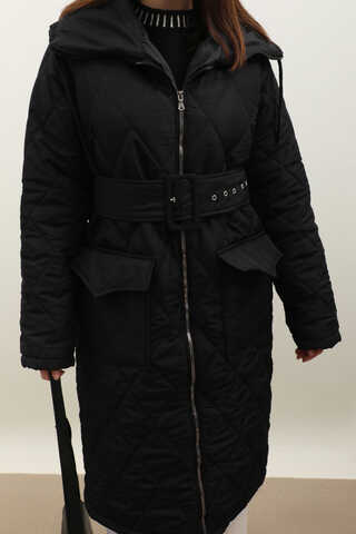 Kemerli Şişme Mont Siyah - 6