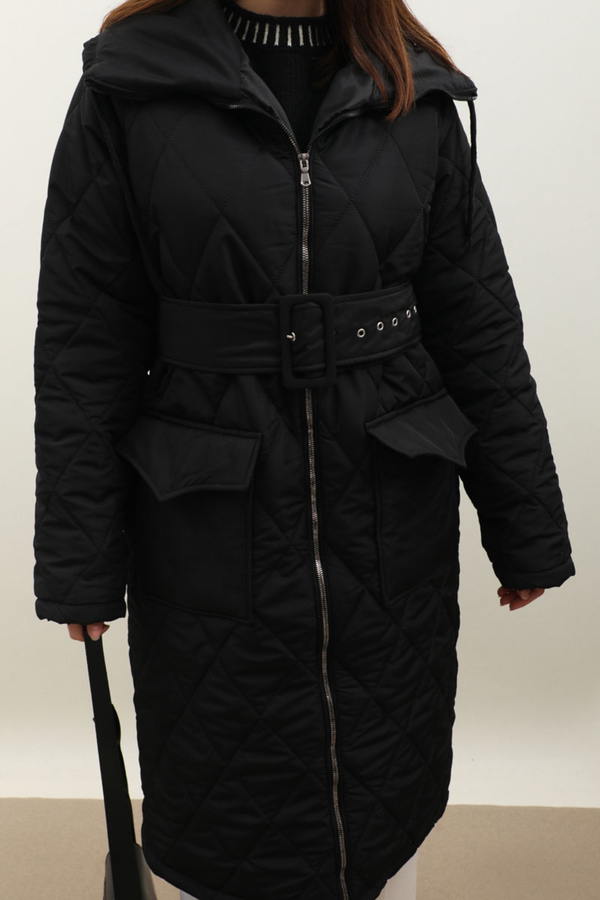 Kemerli Şişme Mont Siyah - 6