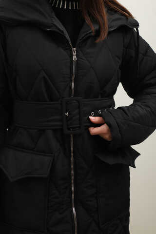 Kemerli Şişme Mont Siyah - 7