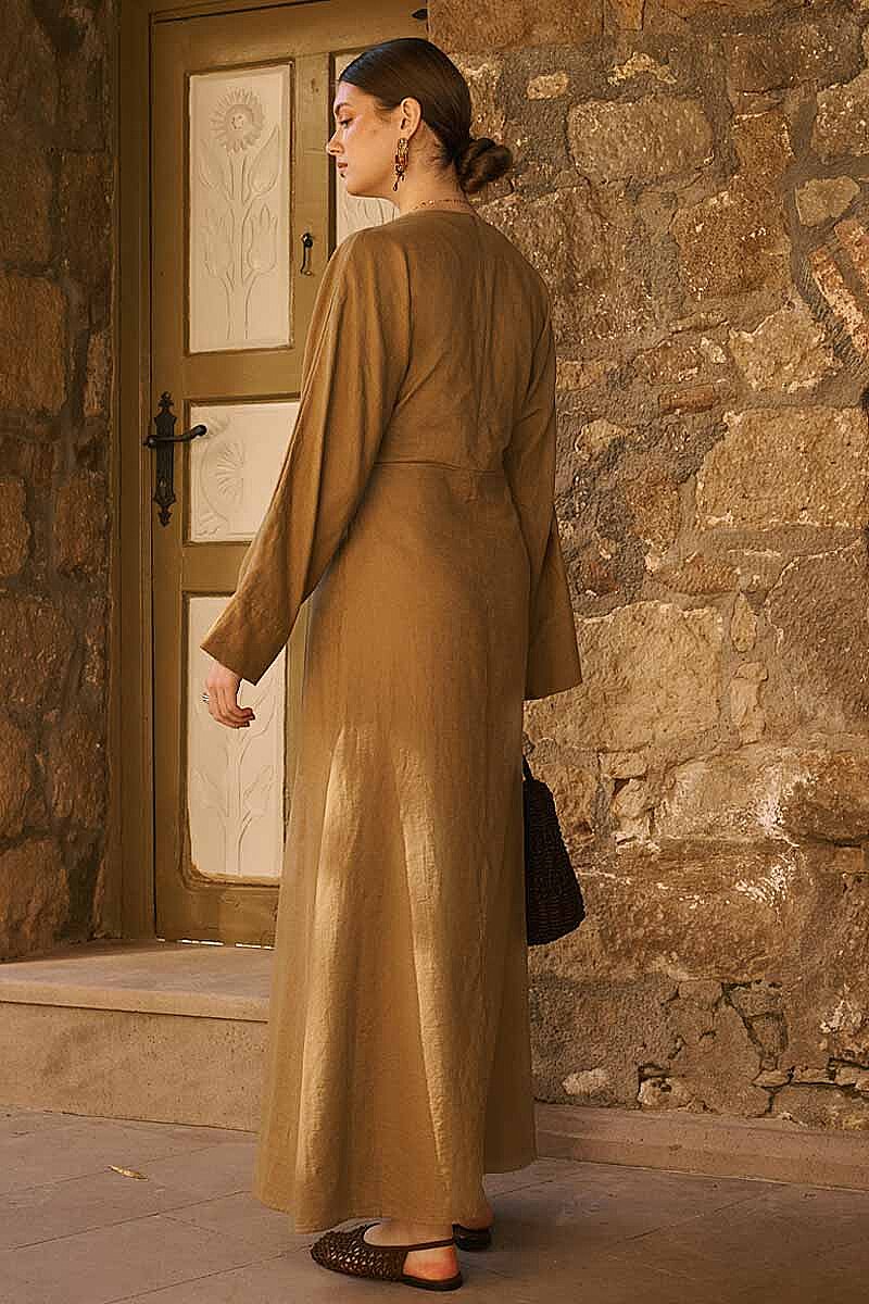 Kendinden Kuşaklı Keten Elbise Haki - 4