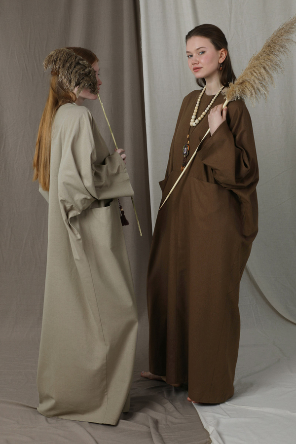 Salaş Keten Elbise Kahverengi - 1