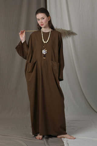 Salaş Keten Elbise Kahverengi - 3