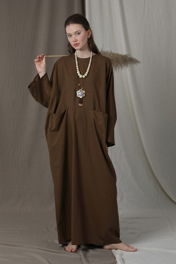 Salaş Keten Elbise Kahverengi - 3