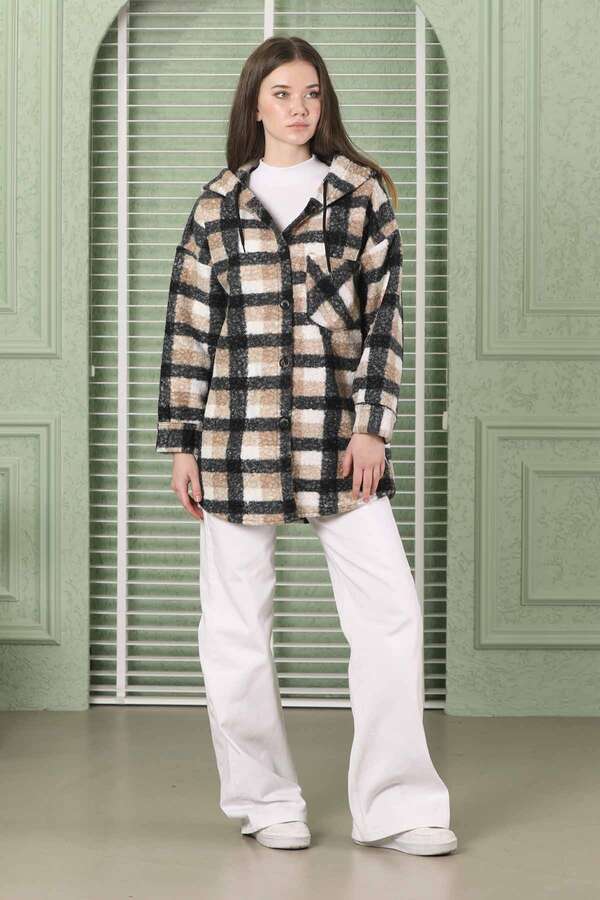 Kıvırcık Kapüşonlu Gömlek Ceket Bej - 1