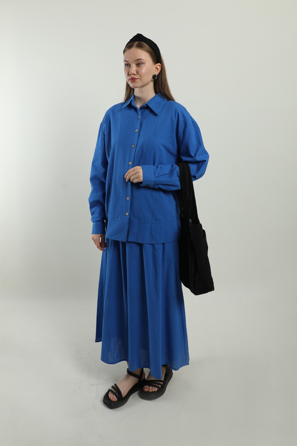 Klasik Keten Etek Takım Saks Mavisi - 3