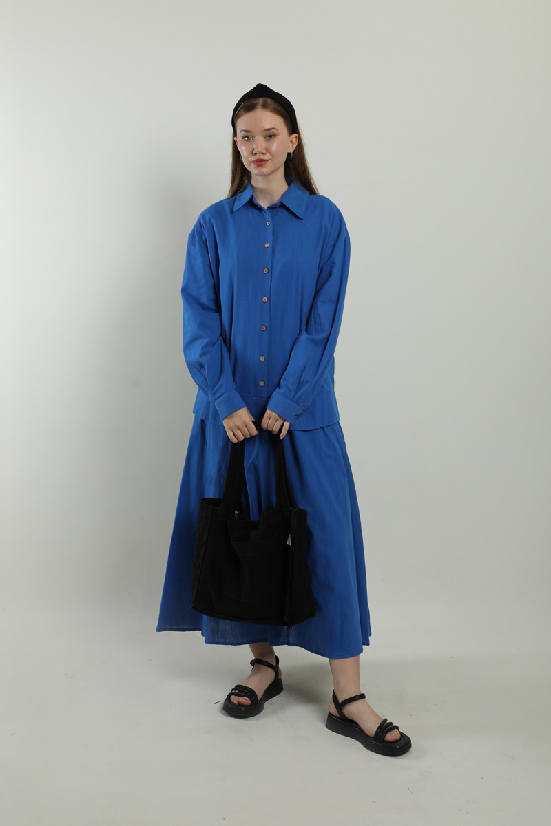 Klasik Keten Etek Takım Saks Mavisi