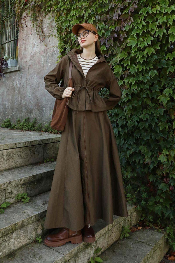 Kloş Paraşüt Etek Takım Kahverengi - 1