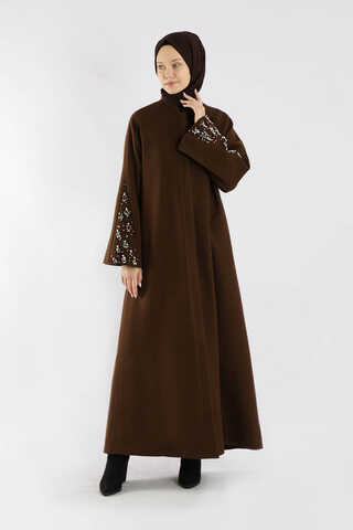 Kol Ortası Taşlı Kaşe Kaban Kahve - 1