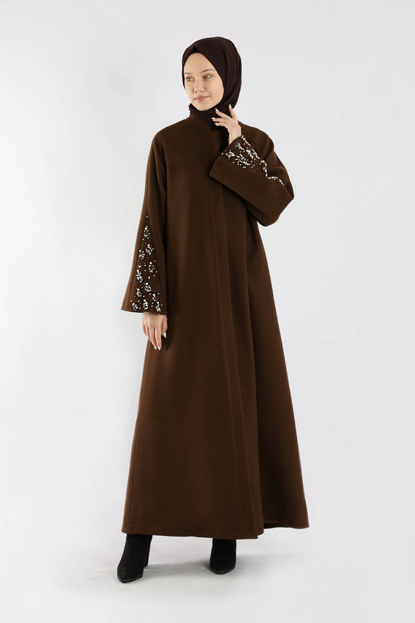 Kol Ortası Taşlı Kaşe Kaban Kahve - 1