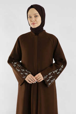 Kol Ortası Taşlı Kaşe Kaban Kahve - 4