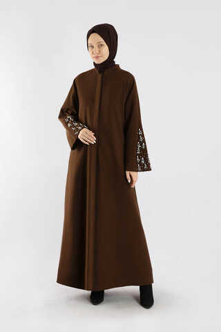 Kol Ortası Taşlı Kaşe Kaban Kahve - 5