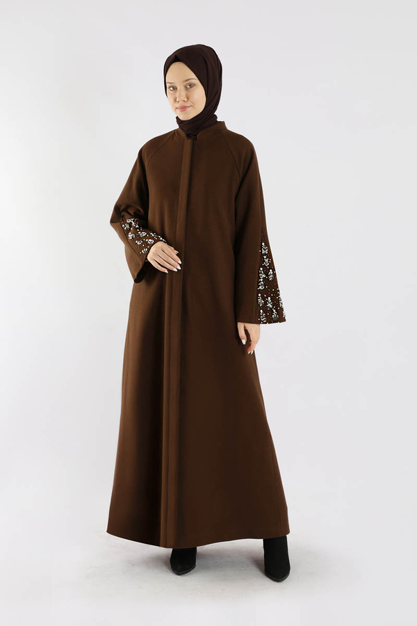 Kol Ortası Taşlı Kaşe Kaban Kahve - 5