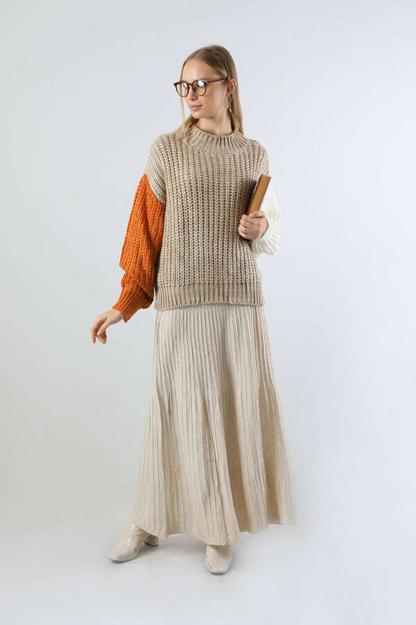 Kolları Renkli Kazak Bej - 1