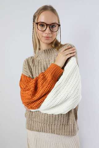 Kolları Renkli Kazak Bej - 2