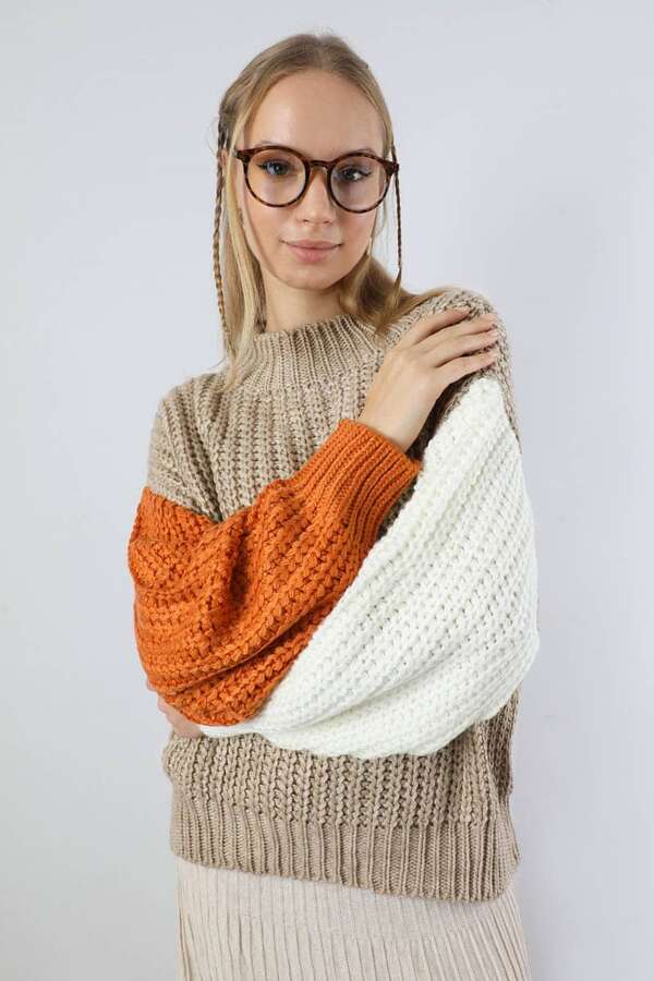 Kolları Renkli Kazak Bej - 2