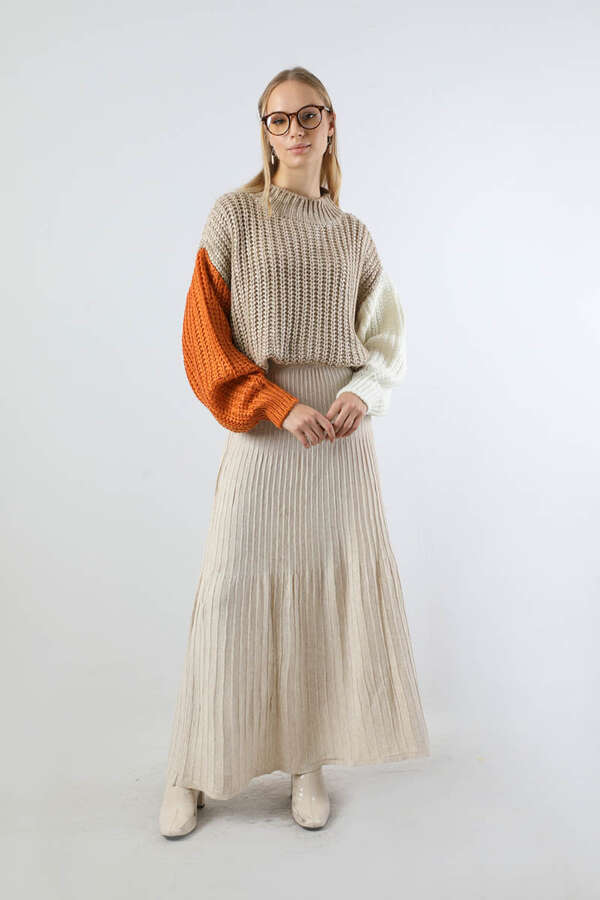 Kolları Renkli Kazak Bej - 5