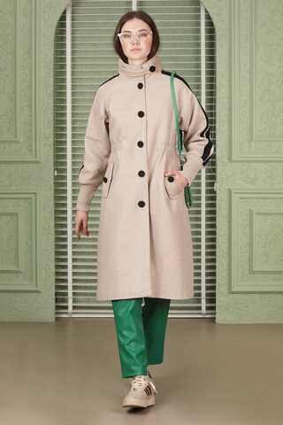 Kolları Şeritli Kaşe Kaban Bej - 1