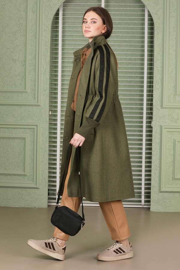 Kolları Şeritli Kaşe Kaban Haki - 2