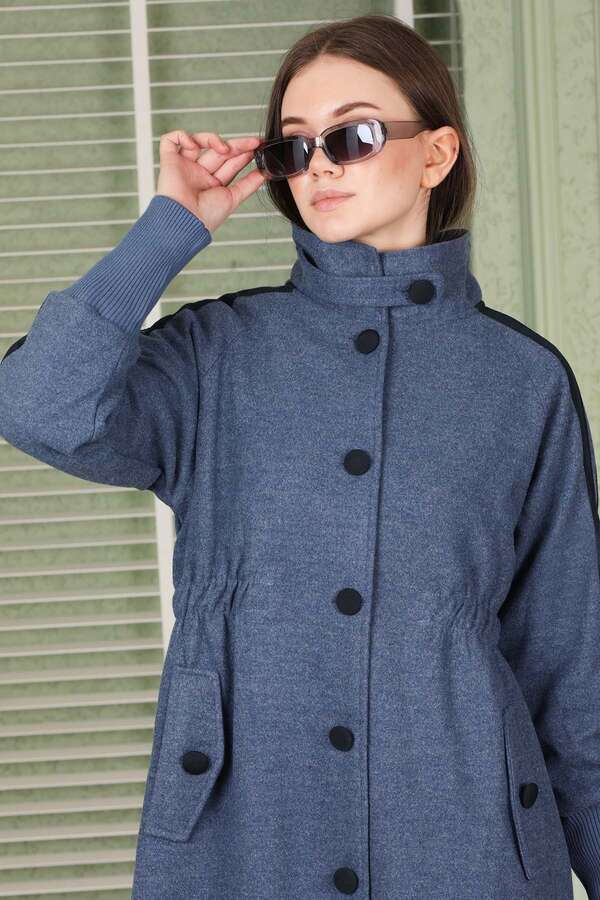 Kolları Şeritli Kaşe Kaban İndigo - 6