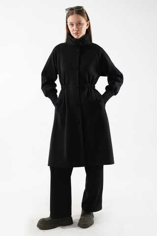 Kolları Şeritli Kaşe Kaban Siyah - 5