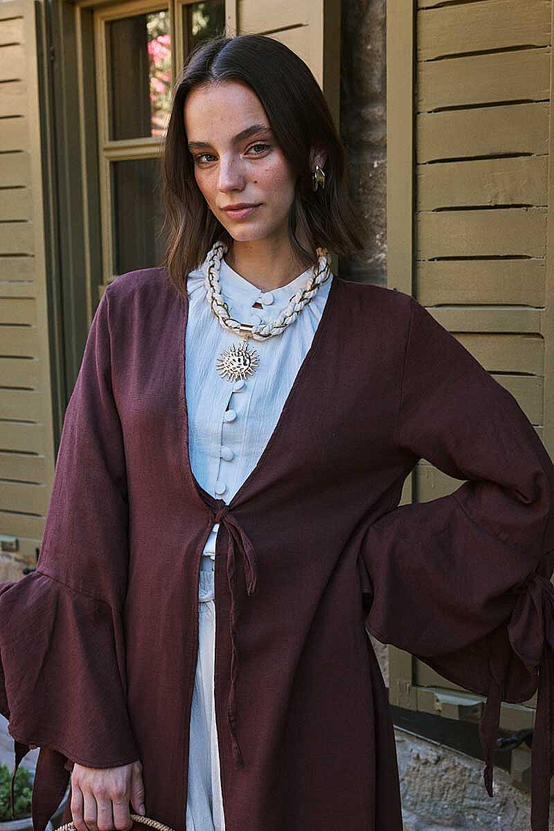 Kolları Volanlı Keten Abaya Bordo - 3