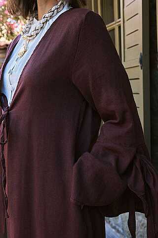 Kolları Volanlı Keten Abaya Bordo - 4