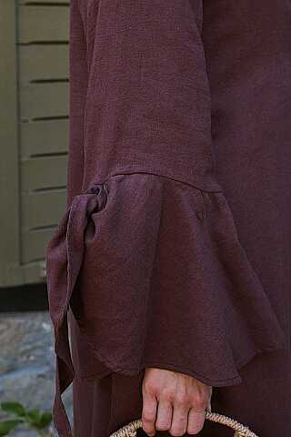 Kolları Volanlı Keten Abaya Bordo - 5