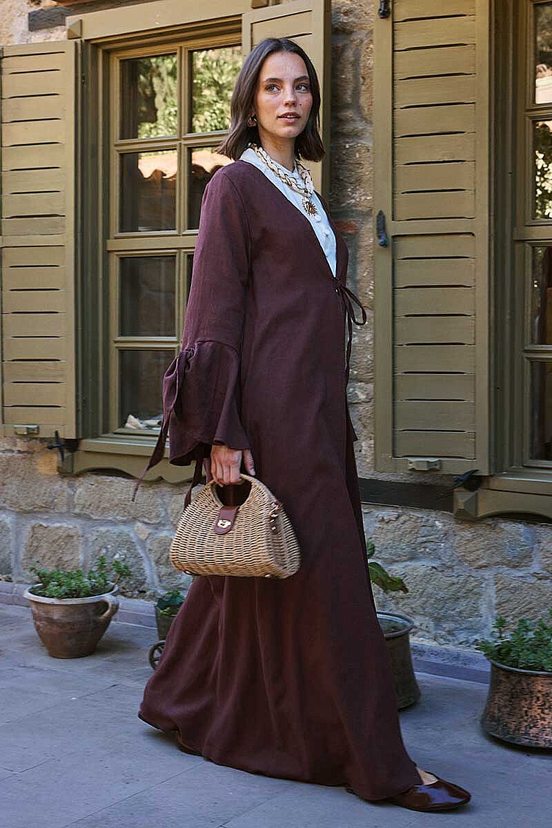 Kolları Volanlı Keten Abaya Bordo - 6