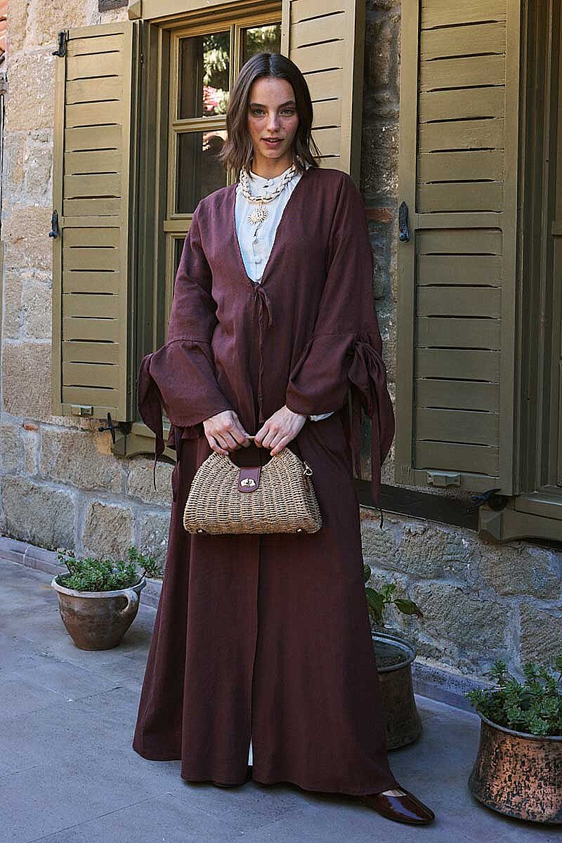 Kolları Volanlı Keten Abaya Bordo 