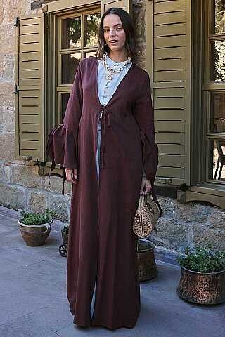 Kolları Volanlı Keten Abaya Bordo - 2