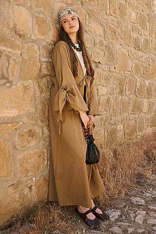 Kolları Volanlı Keten Abaya Haki - 2