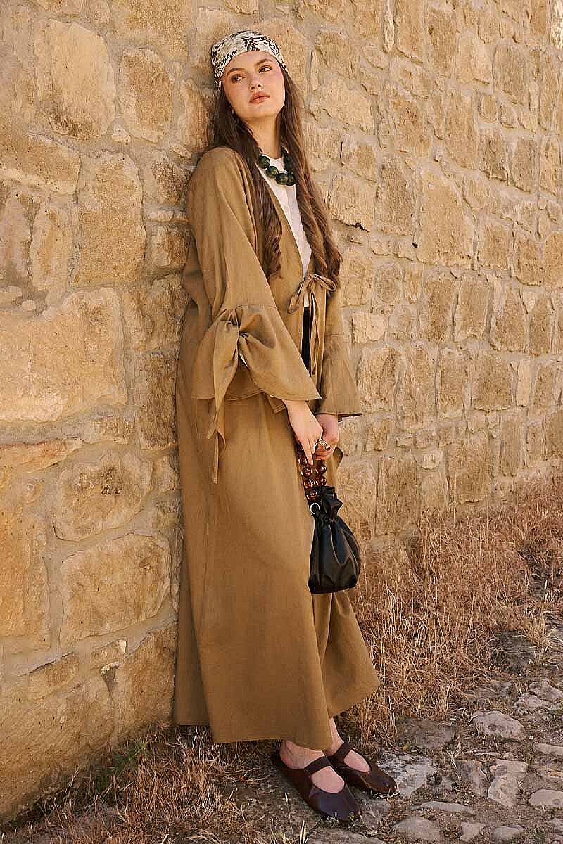Kolları Volanlı Keten Abaya Haki - 2