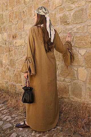 Kolları Volanlı Keten Abaya Haki - 6
