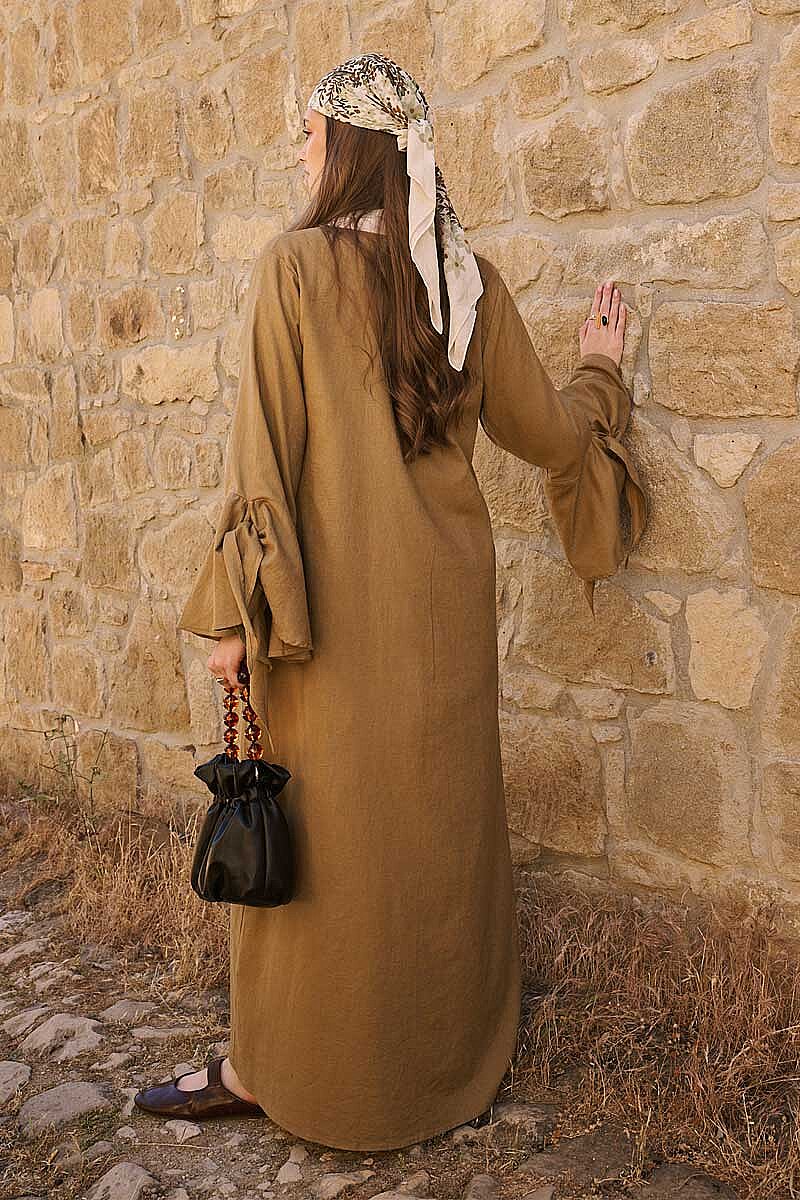 Kolları Volanlı Keten Abaya Haki - 6