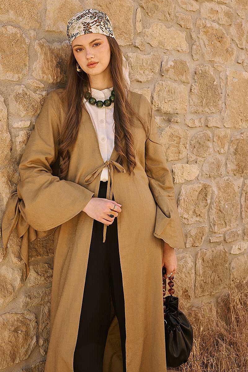 Kolları Volanlı Keten Abaya Haki - 4