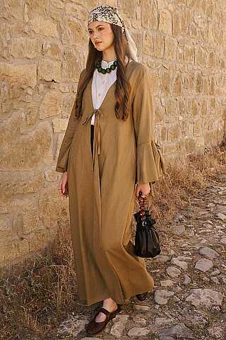 Kolları Volanlı Keten Abaya Haki - 1