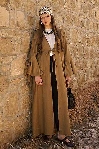Kolları Volanlı Keten Abaya Haki - 5