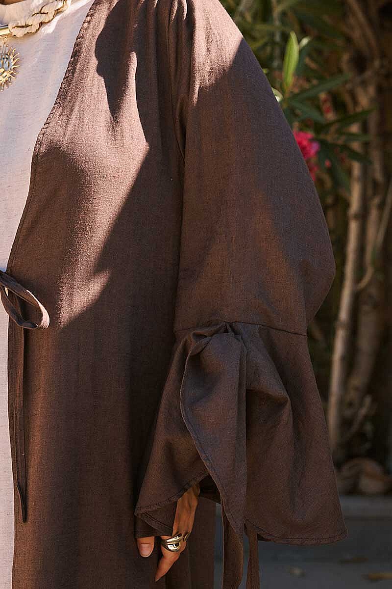 Kolları Volanlı Keten Abaya Kahve - 4