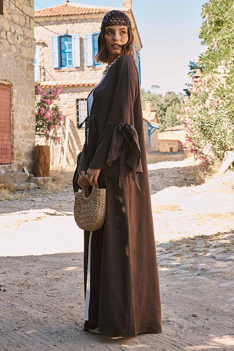 Kolları Volanlı Keten Abaya Kahve - 2