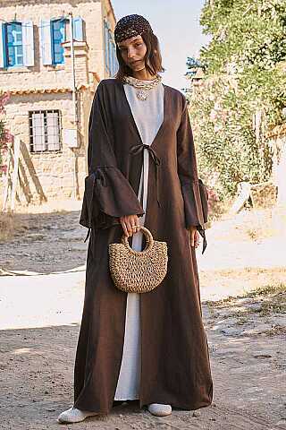 Kolları Volanlı Keten Abaya Kahve - 5