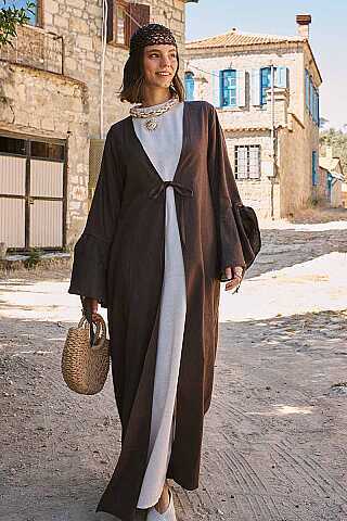 Kolları Volanlı Keten Abaya Kahve - 1
