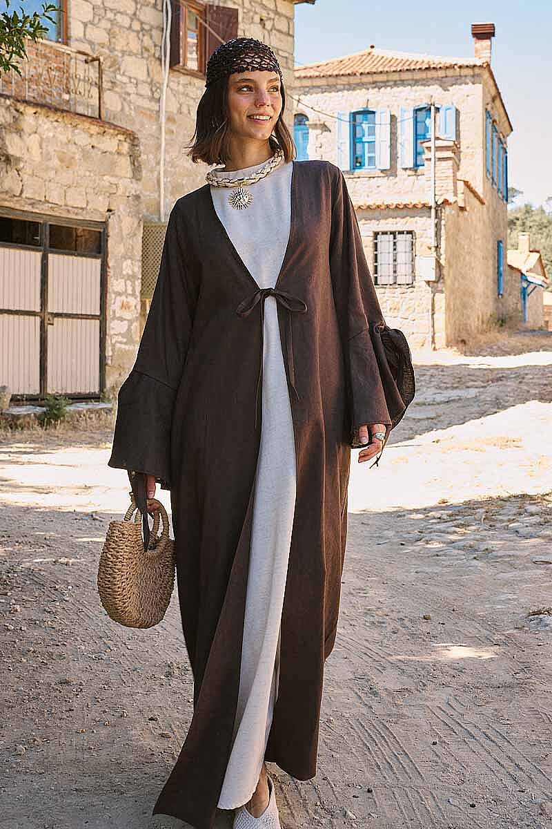 Kolları Volanlı Keten Abaya Kahve - 1