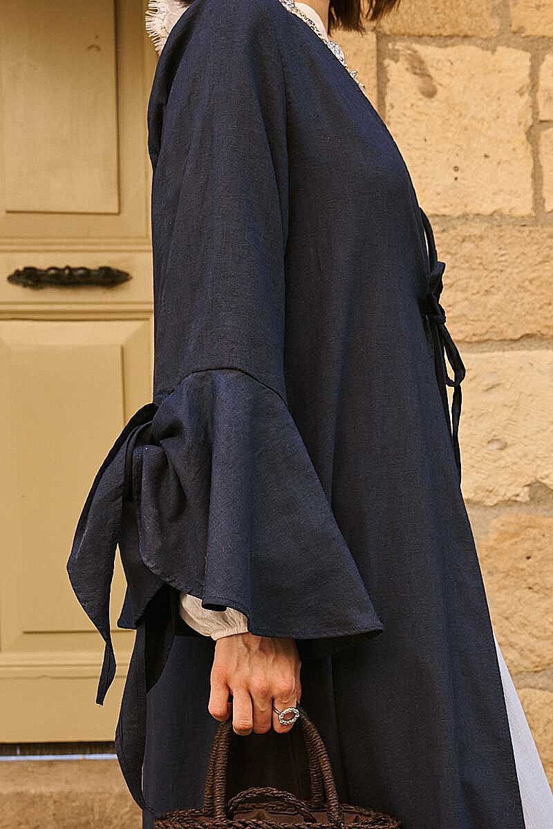 Kolları Volanlı Keten Abaya Lacivert - 3