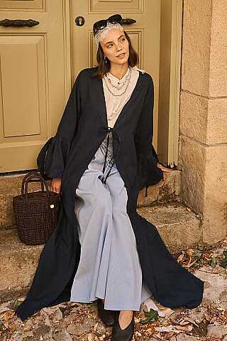 Kolları Volanlı Keten Abaya Lacivert - 4