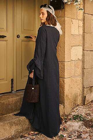 Kolları Volanlı Keten Abaya Lacivert - 5