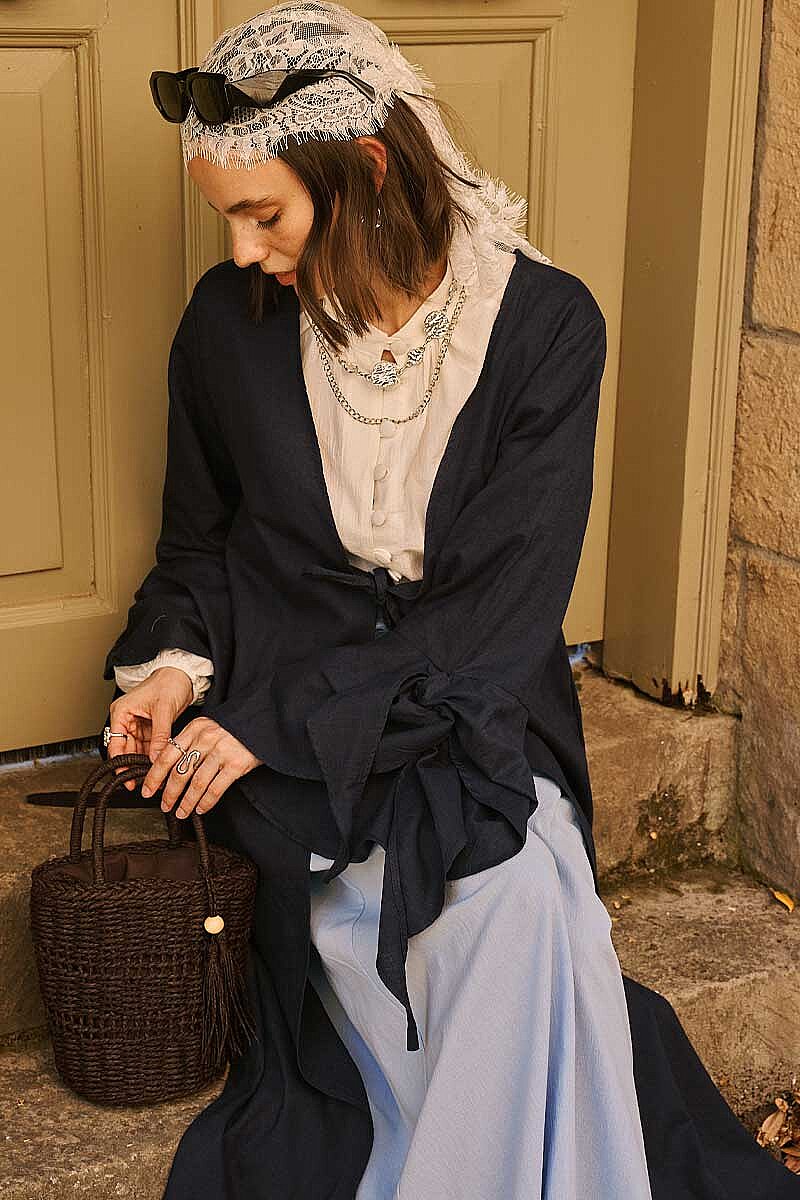 Kolları Volanlı Keten Abaya Lacivert - 6