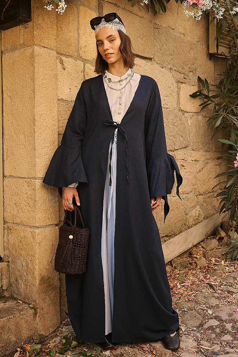 Kolları Volanlı Keten Abaya Lacivert