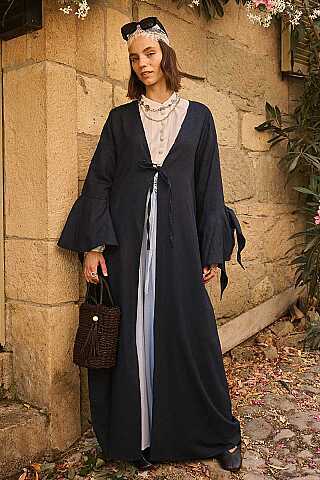 Kolları Volanlı Keten Abaya Lacivert - 1