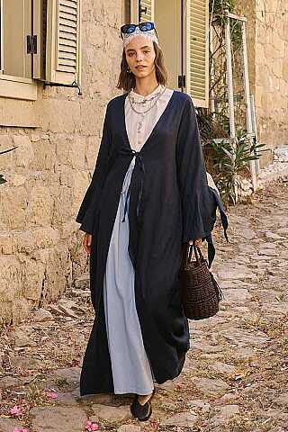Kolları Volanlı Keten Abaya Lacivert - 2